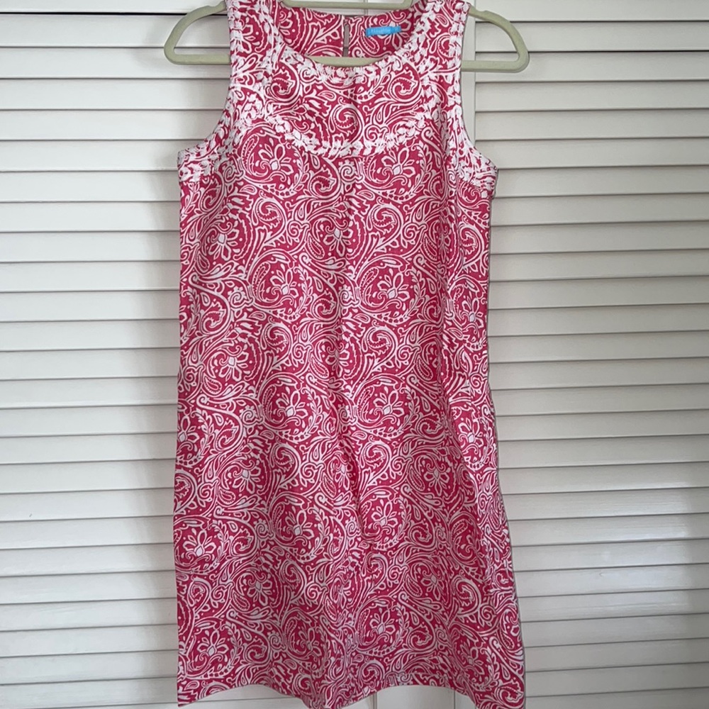 J. McLaughlin Pink White Coral XS Linen Embroidered Shift w Pockets New!